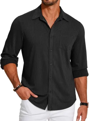 COOFANDY Men's Casual Button Down Shirt Long Sleeve Wrinkle Free Shirts Loose fit Shirt Textured Stretch Shirts with Pocket