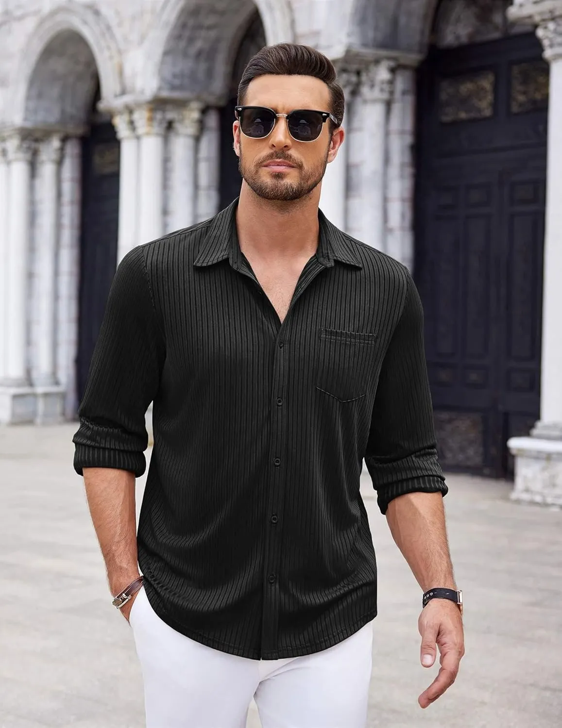 COOFANDY Men's Casual Button Down Shirt Long Sleeve Wrinkle Free Shirts Loose fit Shirt Textured Stretch Shirts with Pocket