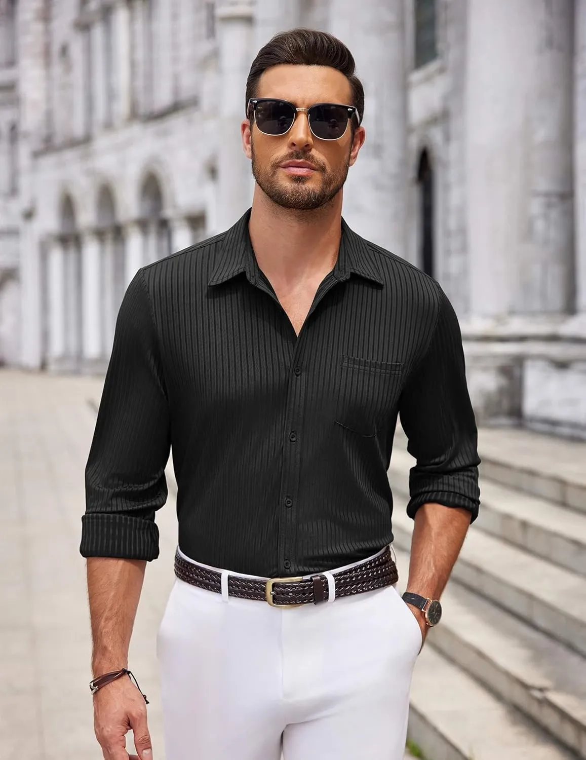 COOFANDY Men's Casual Button Down Shirt Long Sleeve Wrinkle Free Shirts Loose fit Shirt Textured Stretch Shirts with Pocket