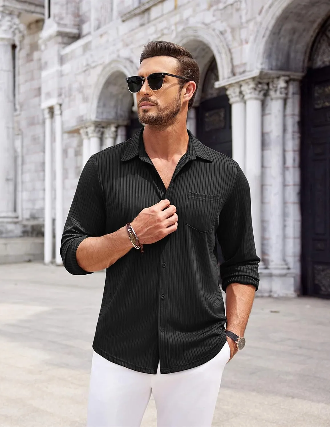 COOFANDY Men's Casual Button Down Shirt Long Sleeve Wrinkle Free Shirts Loose fit Shirt Textured Stretch Shirts with Pocket