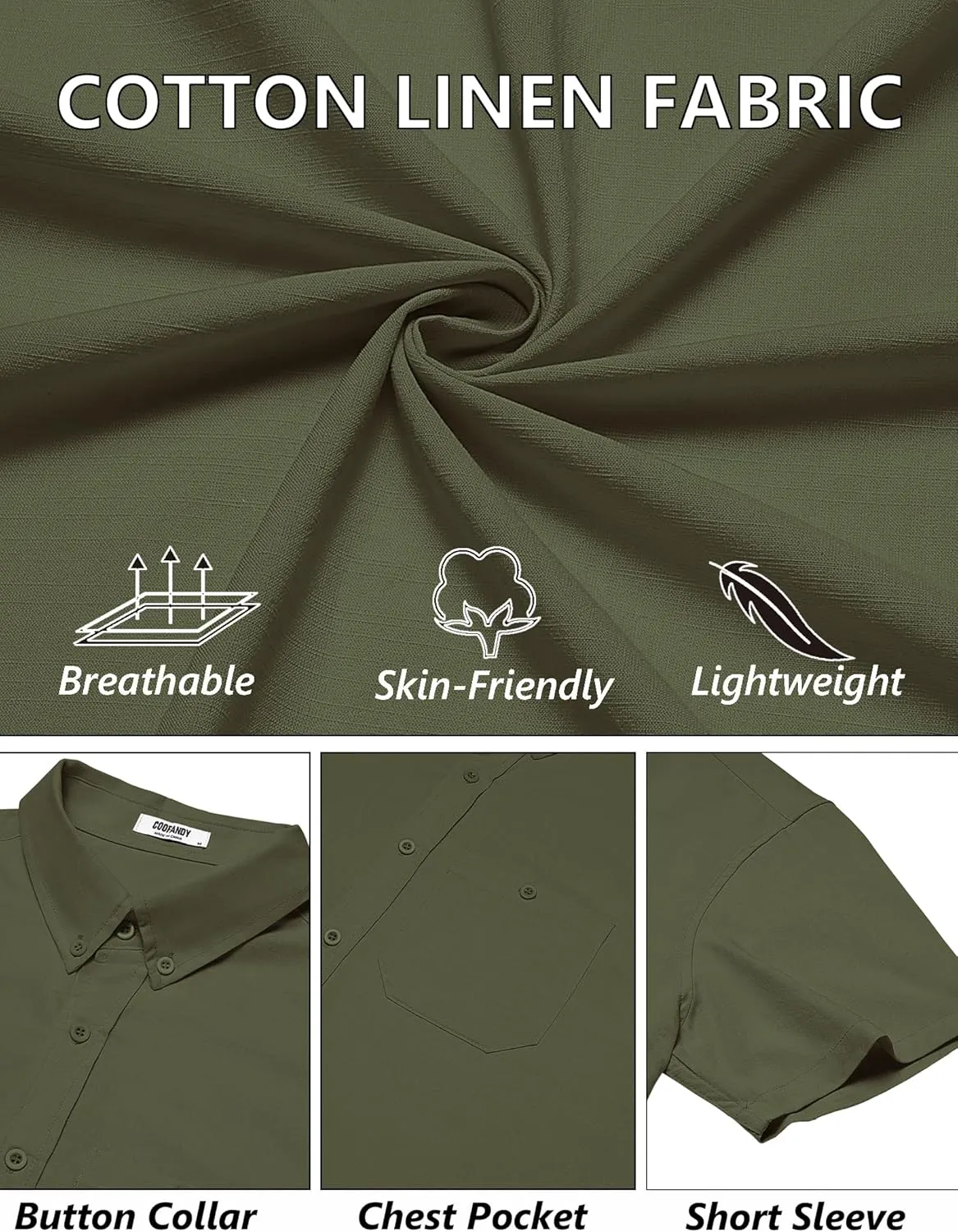 COOFANDY Men's Cotton Linen Shirts Short Sleeve Casual Shirts Summer Button Down Shirt Linen Beach Vacation Shirt