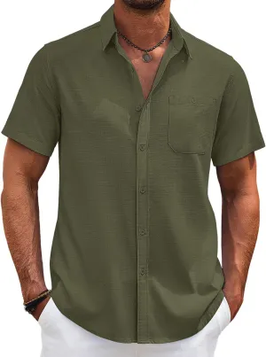 COOFANDY Men's Cotton Linen Shirts Short Sleeve Casual Shirts Summer Button Down Shirt Linen Beach Vacation Shirt