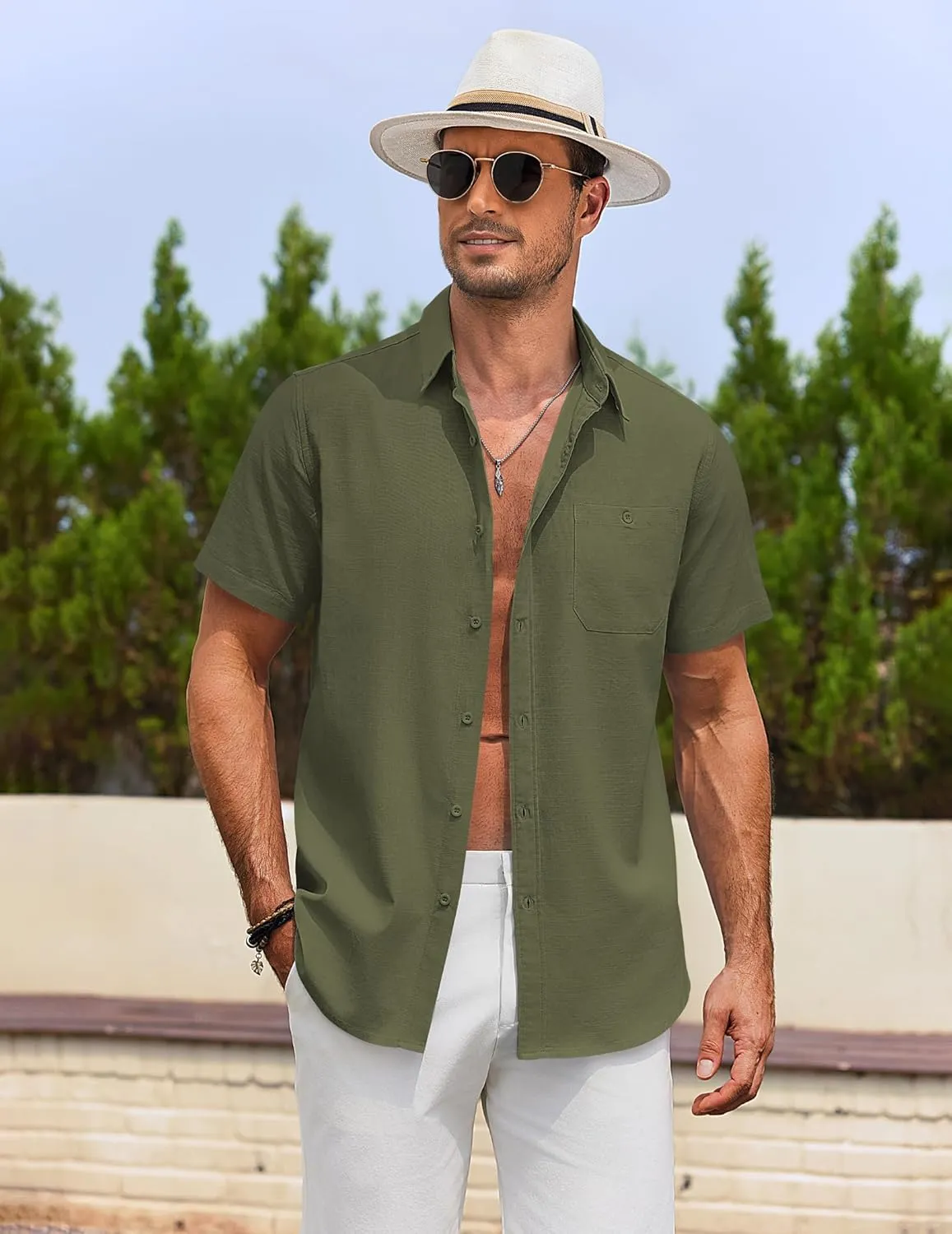 COOFANDY Men's Cotton Linen Shirts Short Sleeve Casual Shirts Summer Button Down Shirt Linen Beach Vacation Shirt