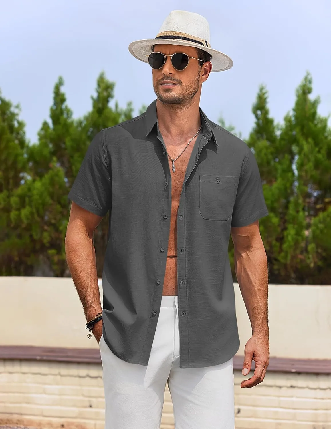 COOFANDY Men's Cotton Linen Shirts Short Sleeve Casual Shirts Summer Button Down Shirt Linen Beach Vacation Shirt