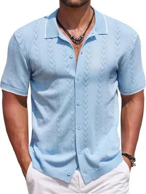 COOFANDY Mens Knit Polo Shirts Button Down Short Sleeve Shirt Summer Casual Beach Vacation Tops