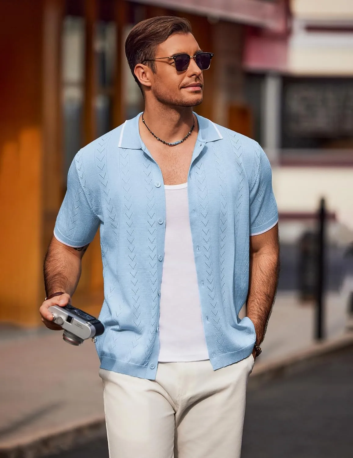 COOFANDY Mens Knit Polo Shirts Button Down Short Sleeve Shirt Summer Casual Beach Vacation Tops