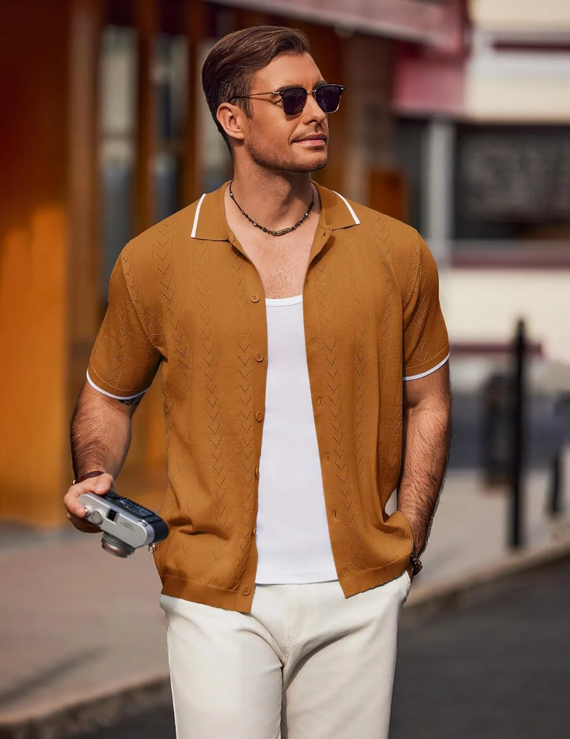 COOFANDY Mens Knit Polo Shirts Button Down Short Sleeve Shirt Summer Casual Beach Vacation Tops