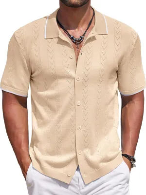 COOFANDY Mens Knit Polo Shirts Button Down Short Sleeve Shirt Summer Casual Beach Vacation Tops