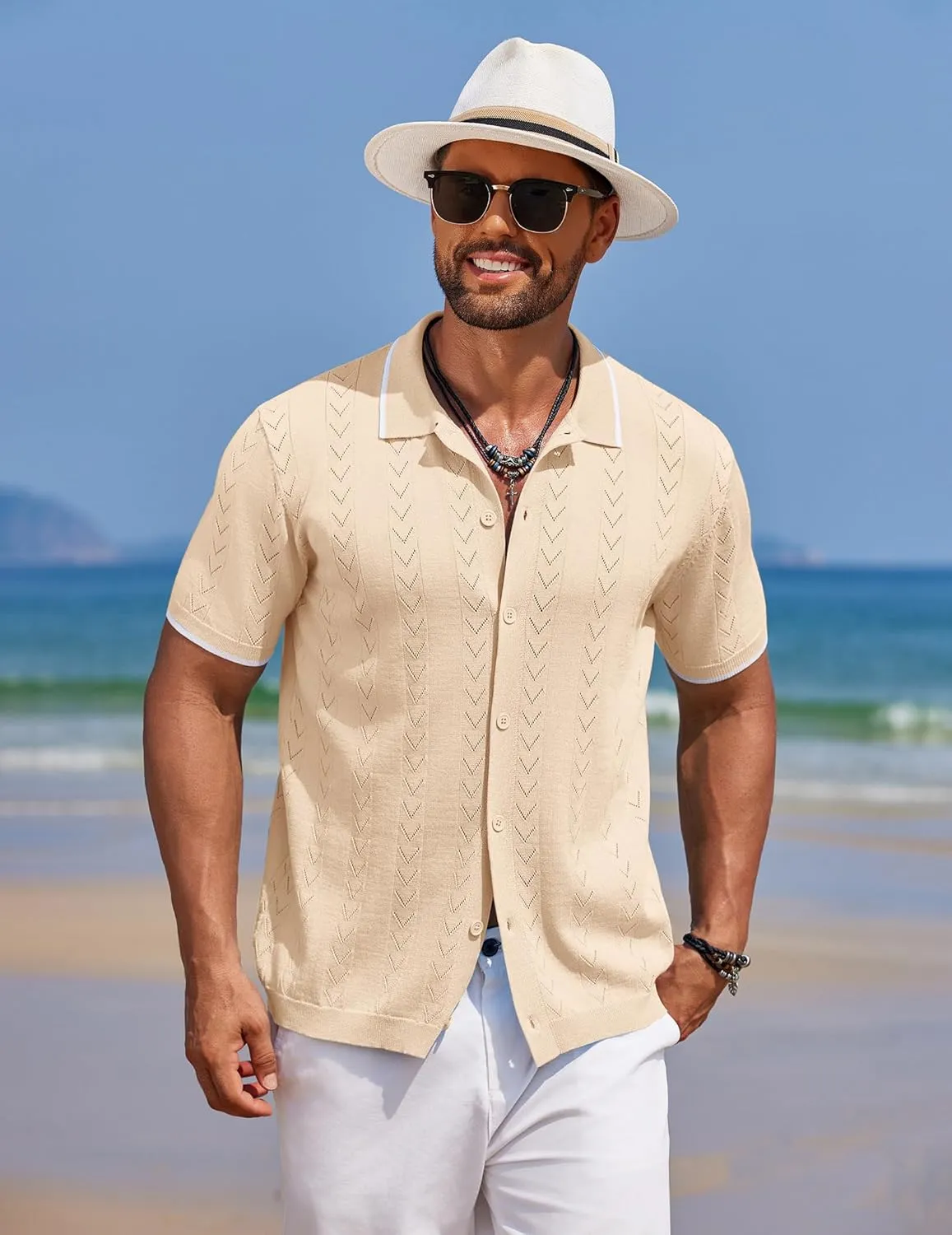 COOFANDY Mens Knit Polo Shirts Button Down Short Sleeve Shirt Summer Casual Beach Vacation Tops
