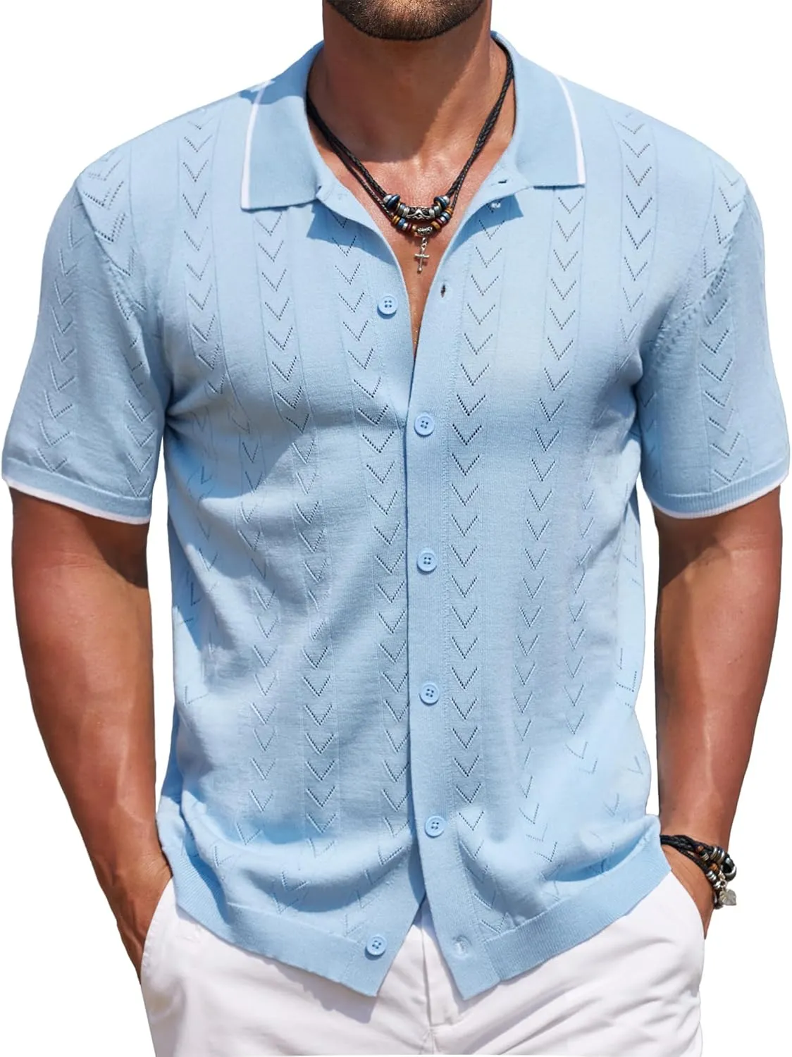 COOFANDY Mens Knit Polo Shirts Button Down Short Sleeve Shirt Summer Casual Beach Vacation Tops