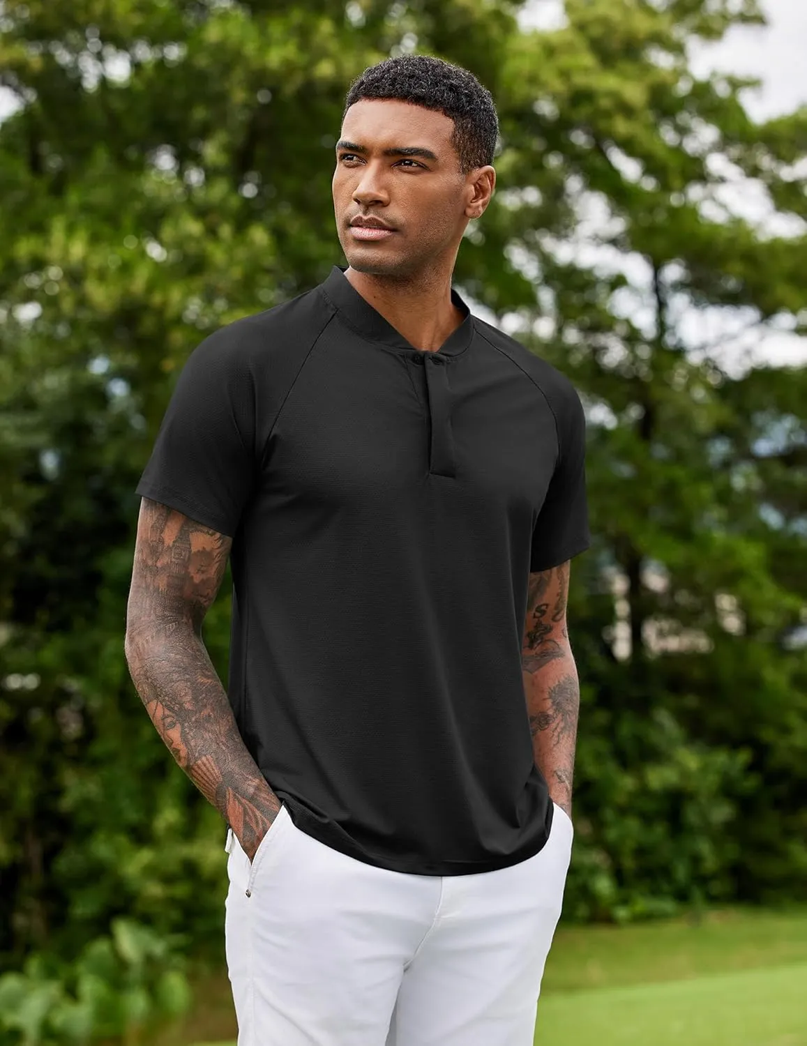 COOFANDY Men's Quick Dry Golf Polo Shirts Short Sleeve Henley Shirt Active Athletic Collarless Sports T Shirts