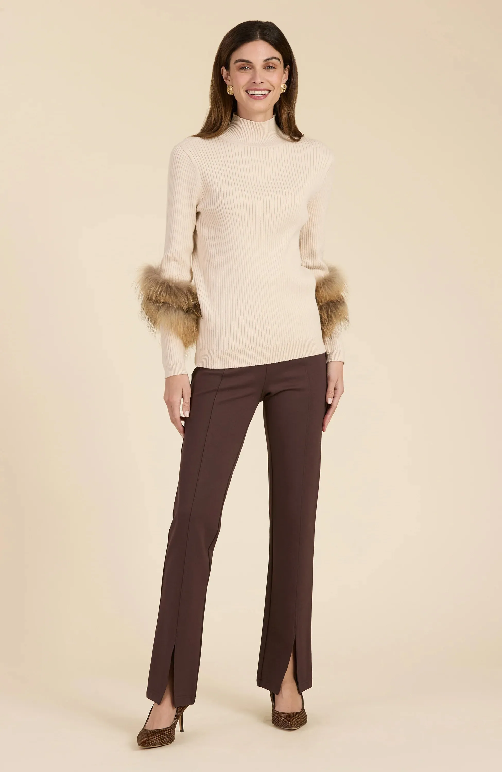 Cosette Cotton Cashmere Mock Neck Faux Fur Sweater in Limestone - Tyler Boe 23314BB