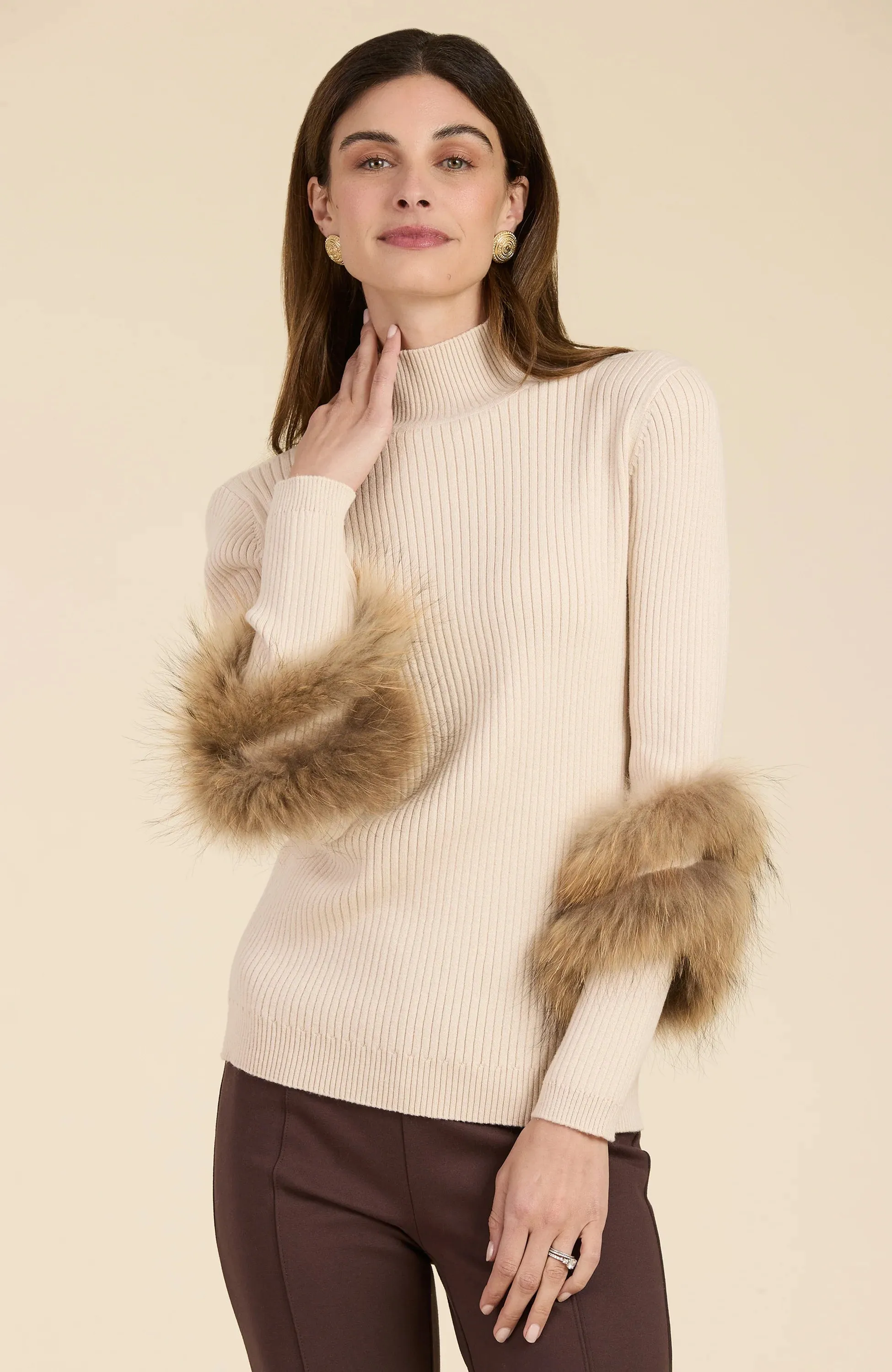 Cosette Cotton Cashmere Mock Neck Faux Fur Sweater in Limestone - Tyler Boe 23314BB
