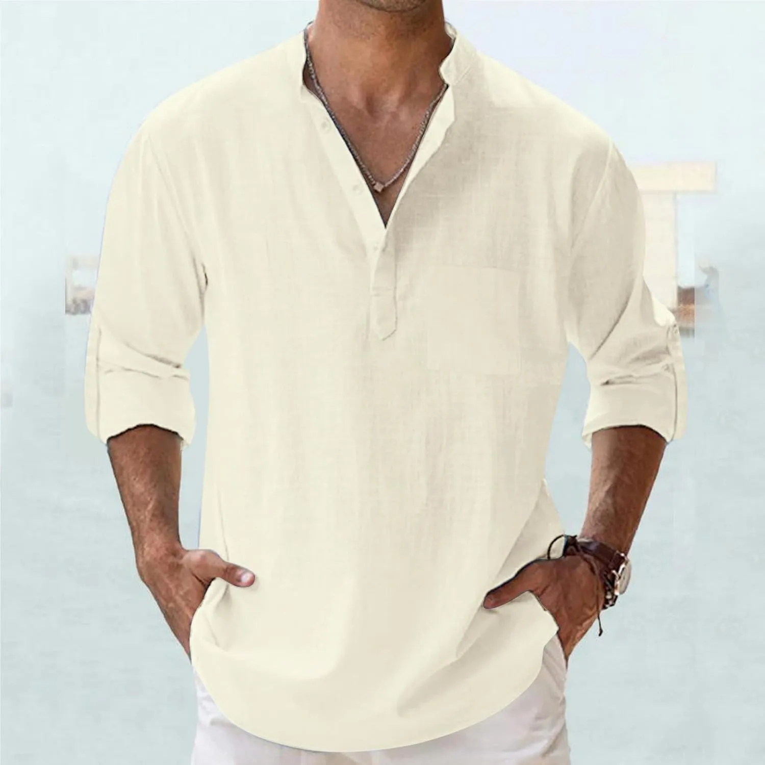 Cotton Linen Shirts for Men Lightweight Solid Color Button Down Long Sleeve Henley Shirts Casual Beach Hippie Tshirt