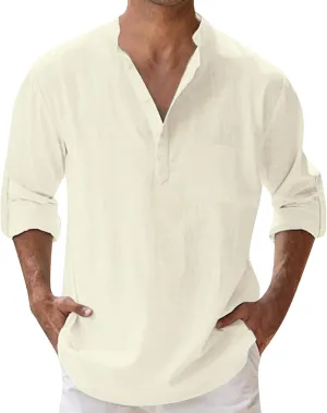 Cotton Linen Shirts for Men Lightweight Solid Color Button Down Long Sleeve Henley Shirts Casual Beach Hippie Tshirt