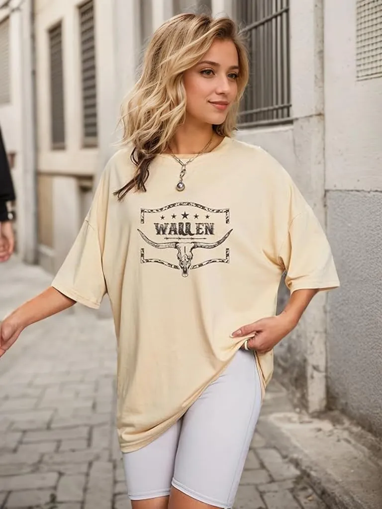Country Shirts for Women Western Cowgirl Tshirt Oversized Cow Skull Graphic Tees Tops