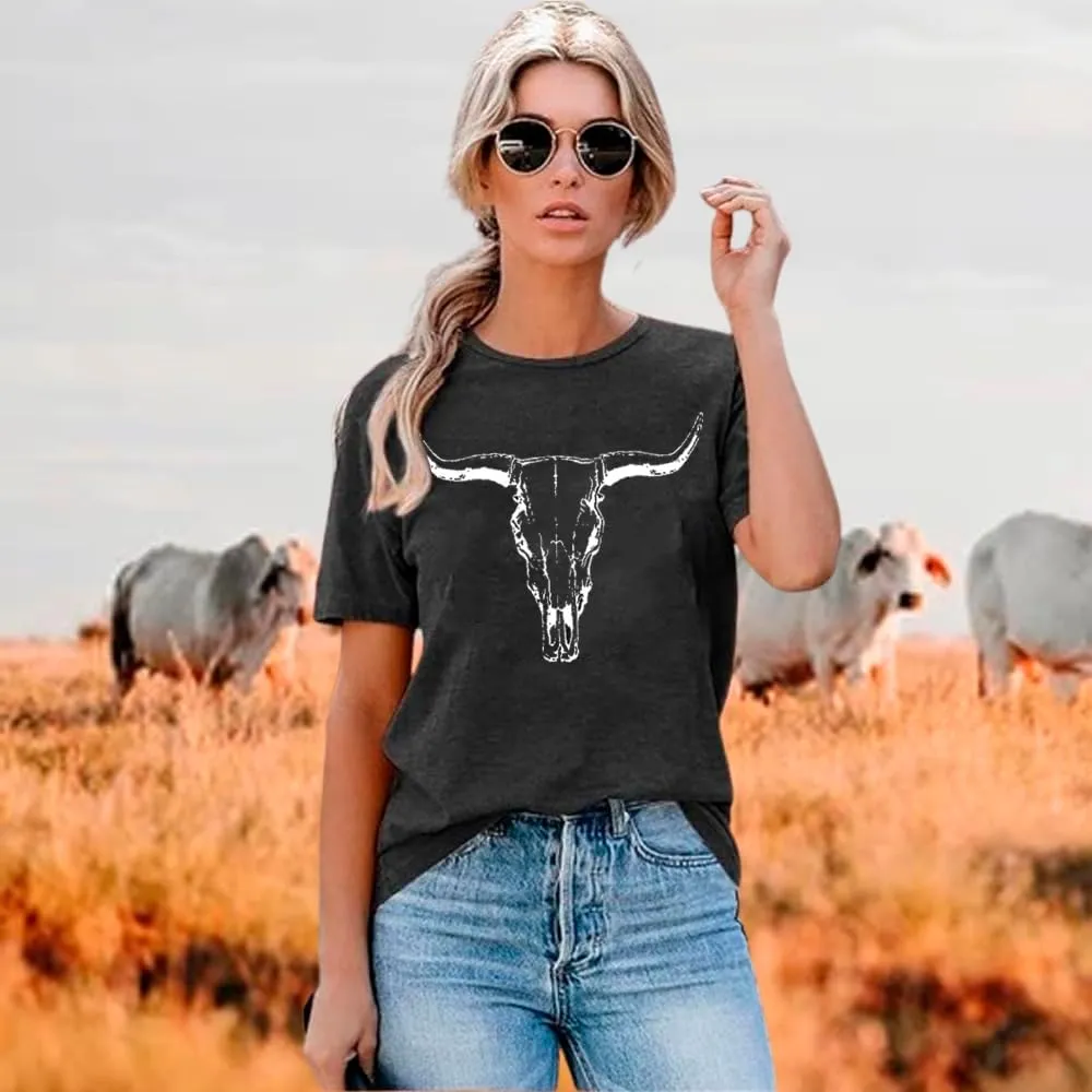 Cow Skull Shirts Women Western Cowgirl Shirts Boho Bull Skull T Shirt Vintage Rodeo Graphic Tee Tops