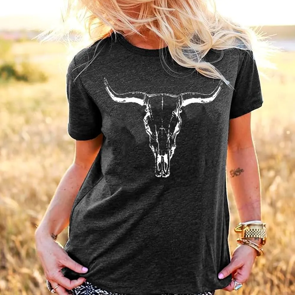 Cow Skull Shirts Women Western Cowgirl Shirts Boho Bull Skull T Shirt Vintage Rodeo Graphic Tee Tops