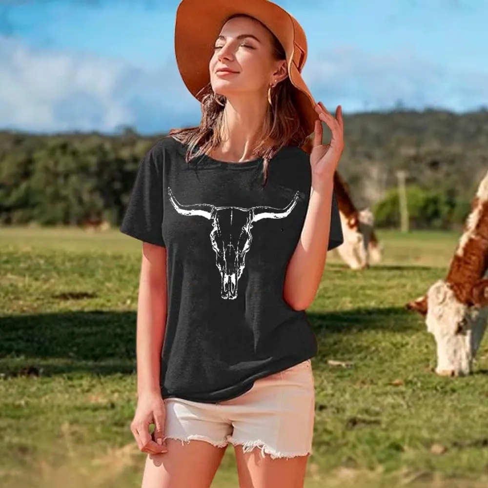 Cow Skull Shirts Women Western Cowgirl Shirts Boho Bull Skull T Shirt Vintage Rodeo Graphic Tee Tops