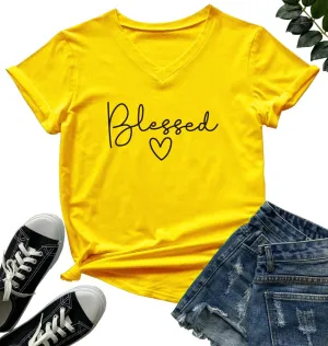 DANVOUY Womens V-Neck Cute Blessed T-Shirt Funny Heart Graphic T Shirt Short Sleeve Tops