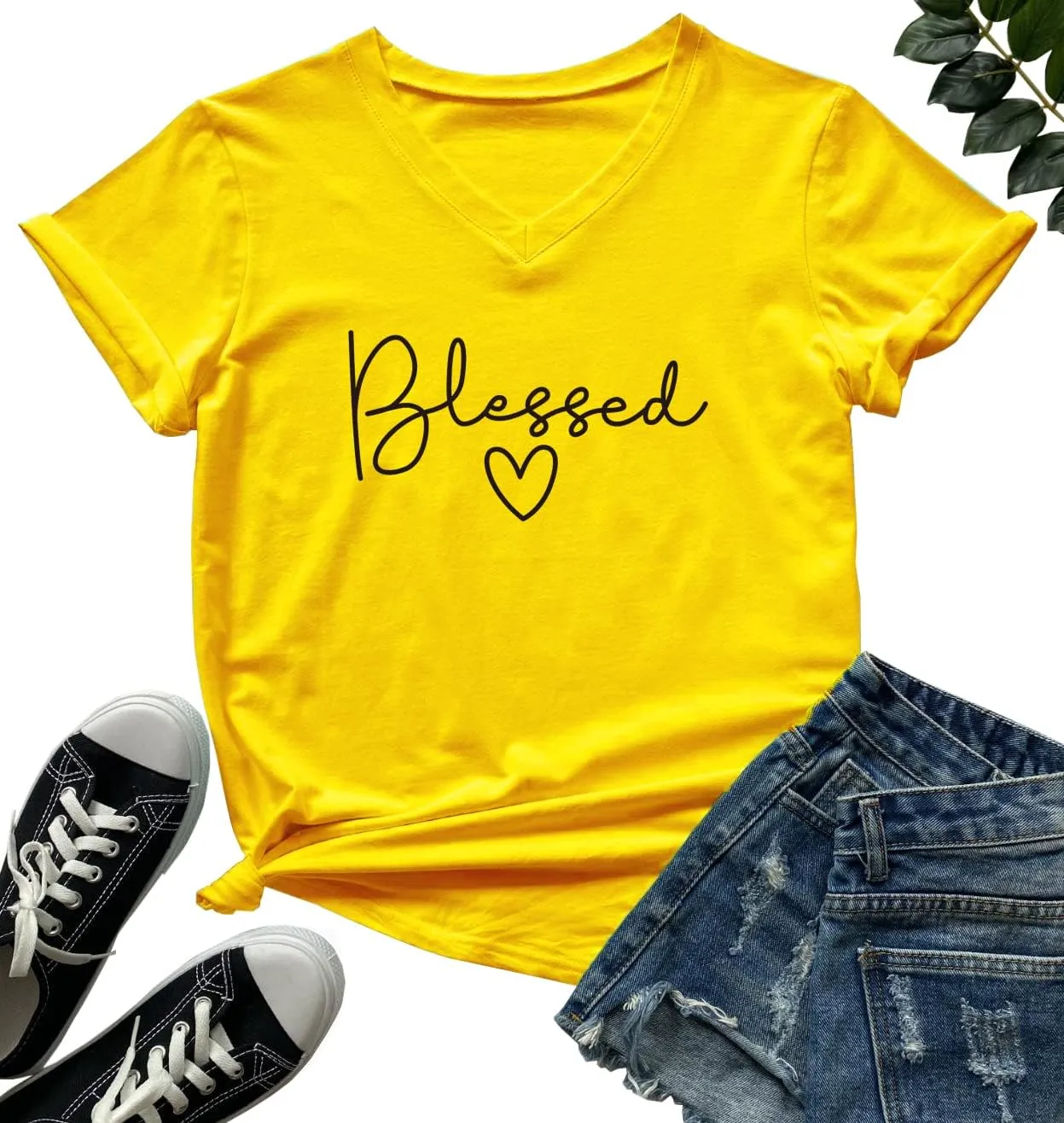 DANVOUY Womens V-Neck Cute Blessed T-Shirt Funny Heart Graphic T Shirt Short Sleeve Tops