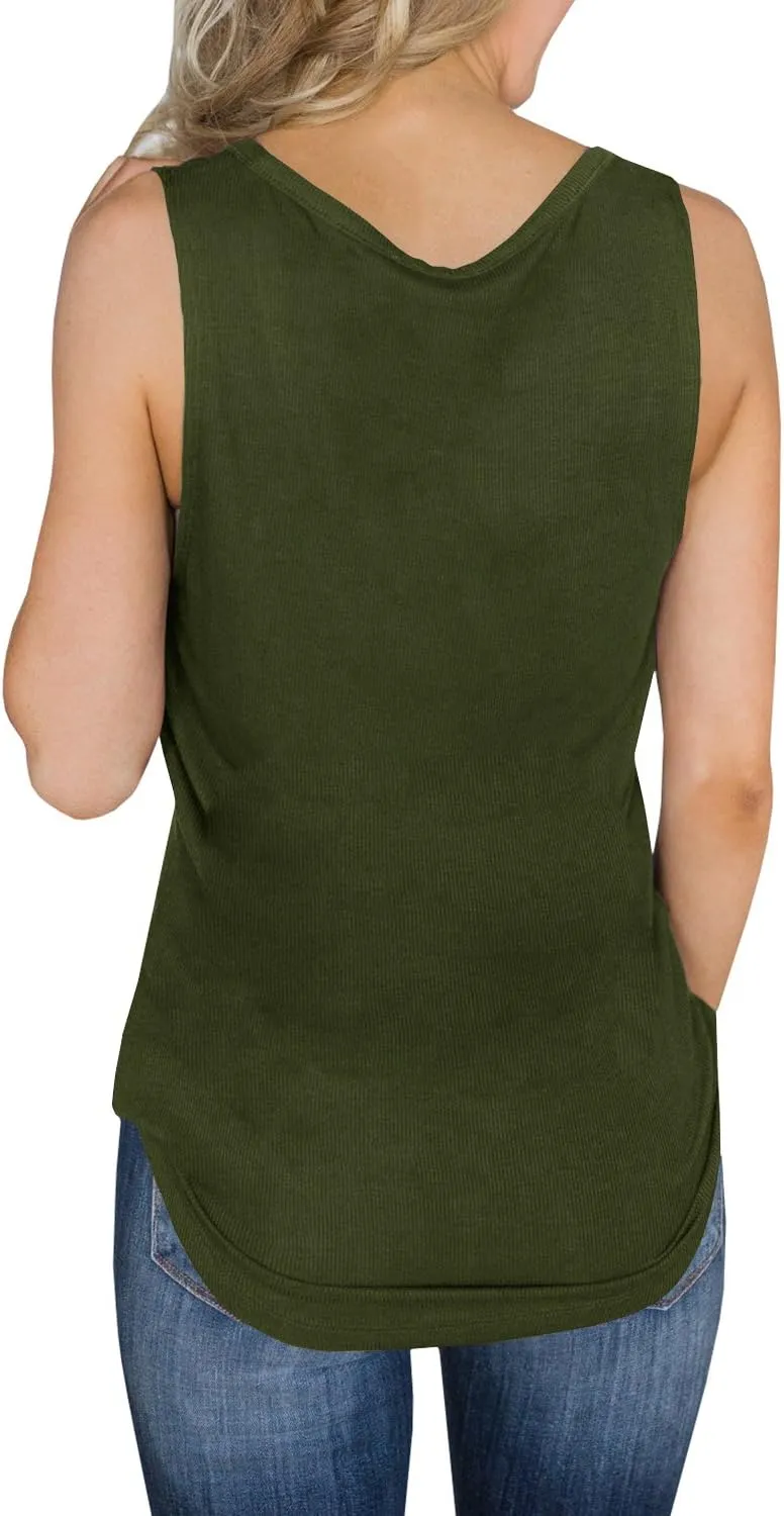 Dellytop Womens V Neck Tank Tops Sleeveless Henley Shirts Button Up Ribbed Long Tunic Tees
