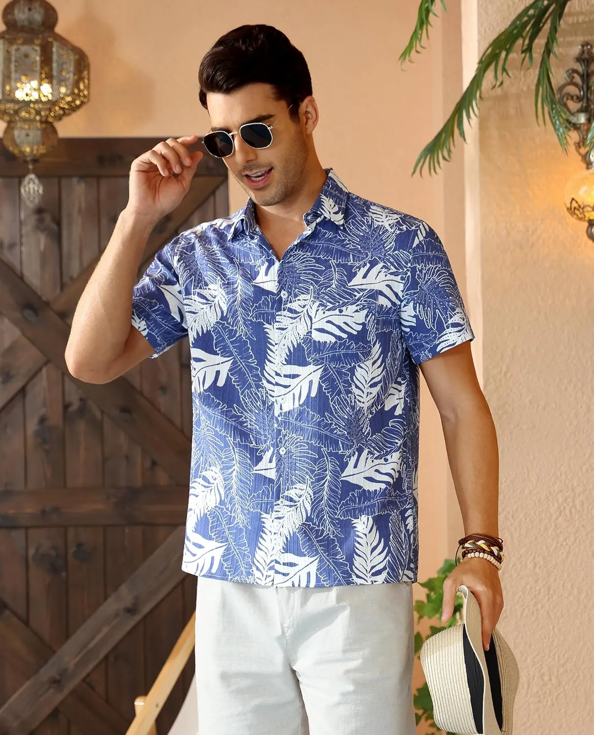 DEMEANOR Hawaiian Shirt for Men Short Sleeve Floral Button Down Shirt Tropical Hawaiian Shirts Casual Linen Shirts Beach