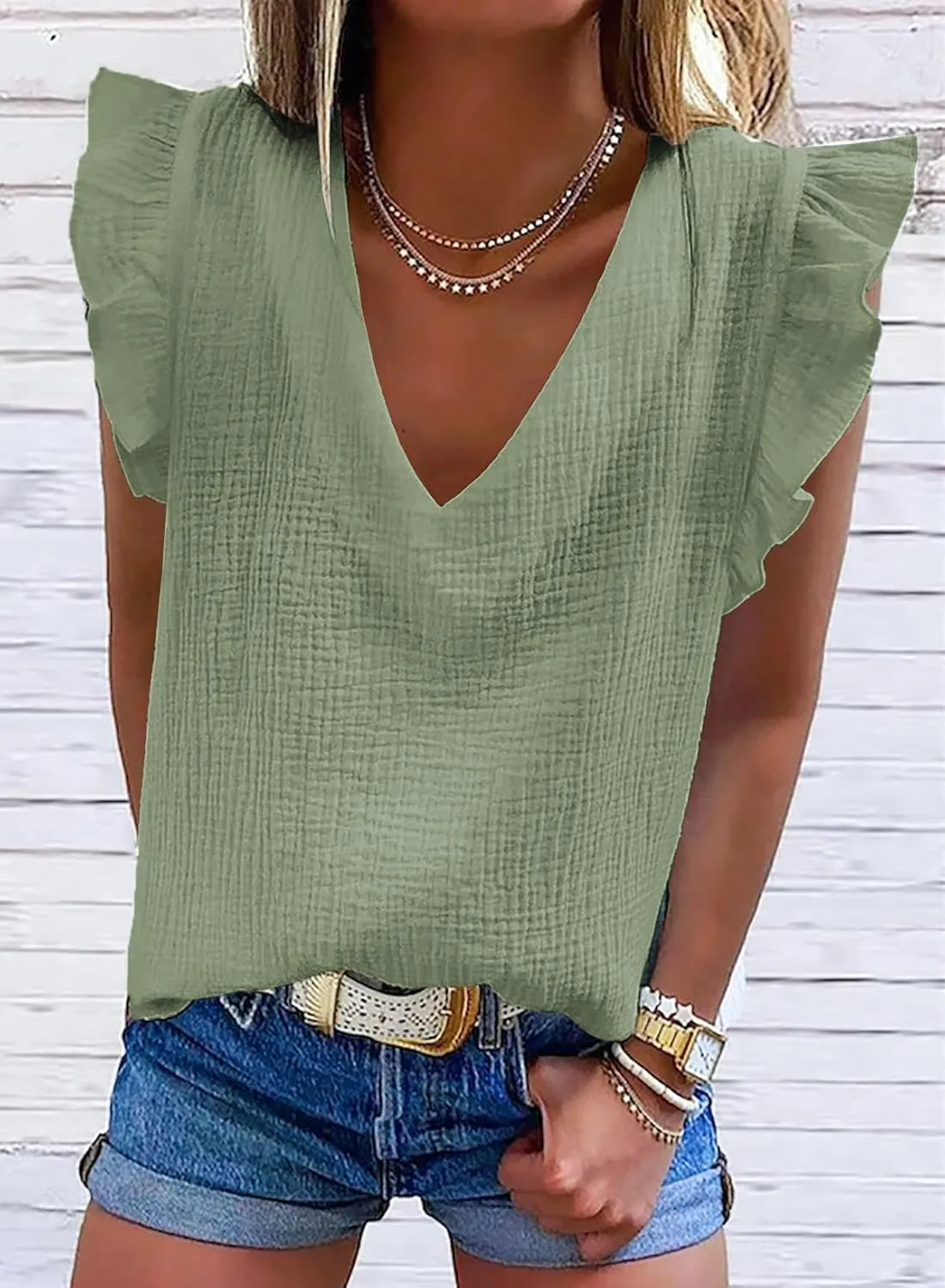 Dokotoo Womens 2025 Cute V Neck Ruffle Sleeveless Shirts Elegant Tank Tops Blouses