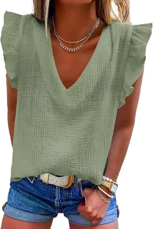 Dokotoo Womens 2025 Cute V Neck Ruffle Sleeveless Shirts Elegant Tank Tops Blouses