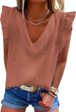 Dokotoo Womens 2025 Cute V Neck Ruffle Sleeveless Shirts Elegant Tank Tops Blouses
