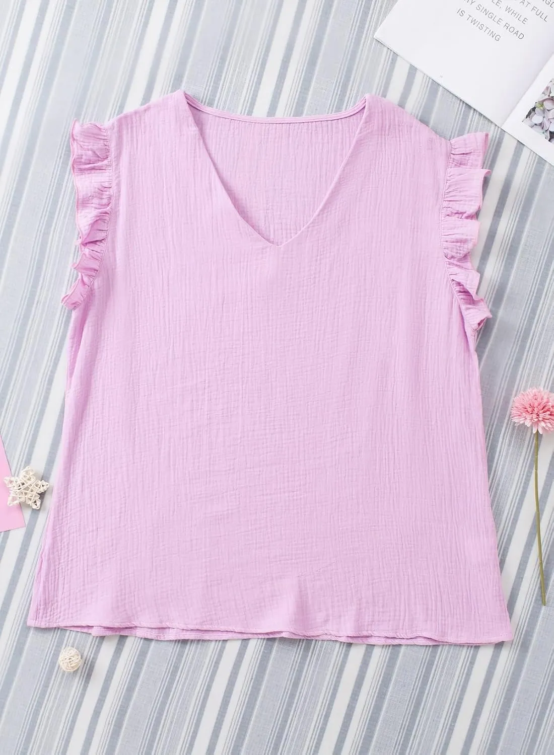 Dokotoo Womens 2025 Cute V Neck Ruffle Sleeveless Shirts Elegant Tank Tops Blouses