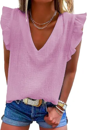 Dokotoo Womens 2025 Cute V Neck Ruffle Sleeveless Shirts Elegant Tank Tops Blouses