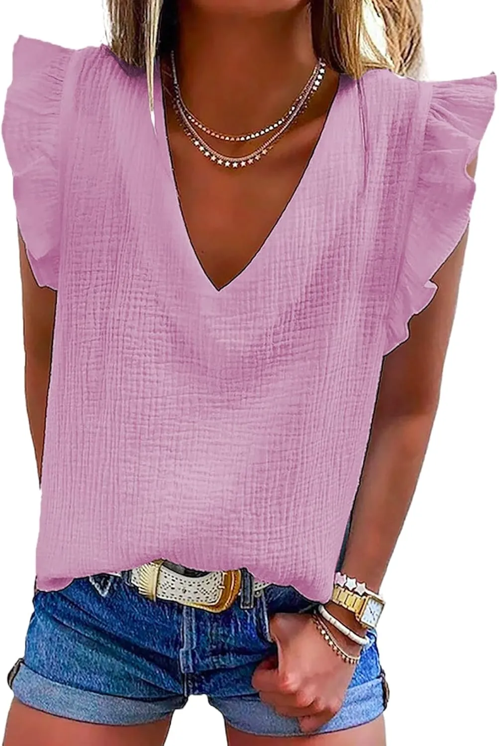 Dokotoo Womens 2025 Cute V Neck Ruffle Sleeveless Shirts Elegant Tank Tops Blouses