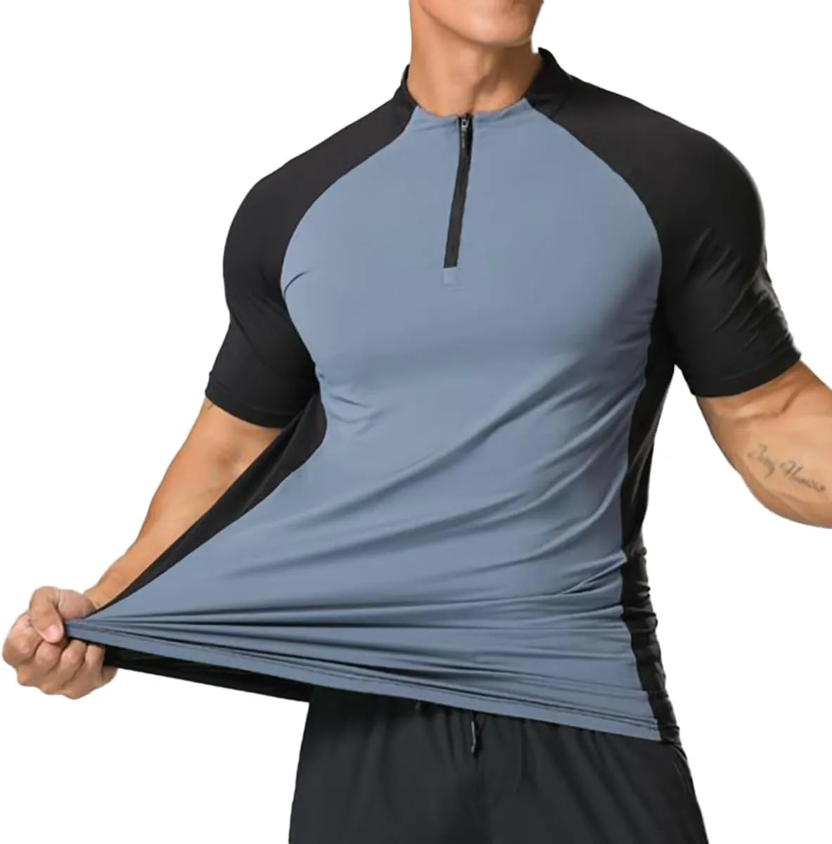 Elastic Workout Gym Muscle Shorts Sleeve Shirts Quick Dry Zipper Cycling T-Shirts for Men T71