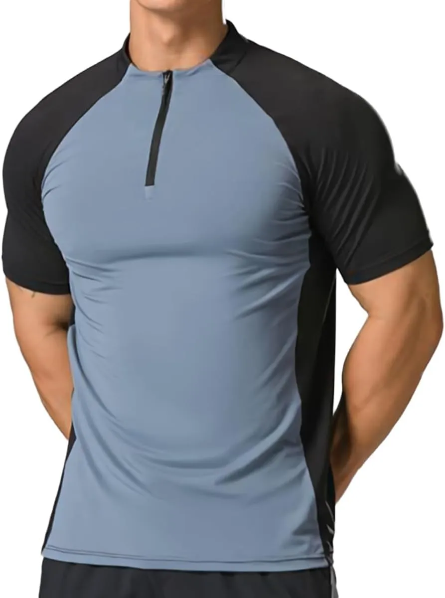 Elastic Workout Gym Muscle Shorts Sleeve Shirts Quick Dry Zipper Cycling T-Shirts for Men T71