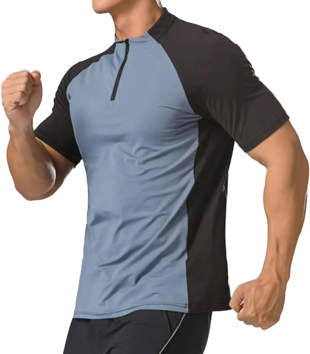 Elastic Workout Gym Muscle Shorts Sleeve Shirts Quick Dry Zipper Cycling T-Shirts for Men T71