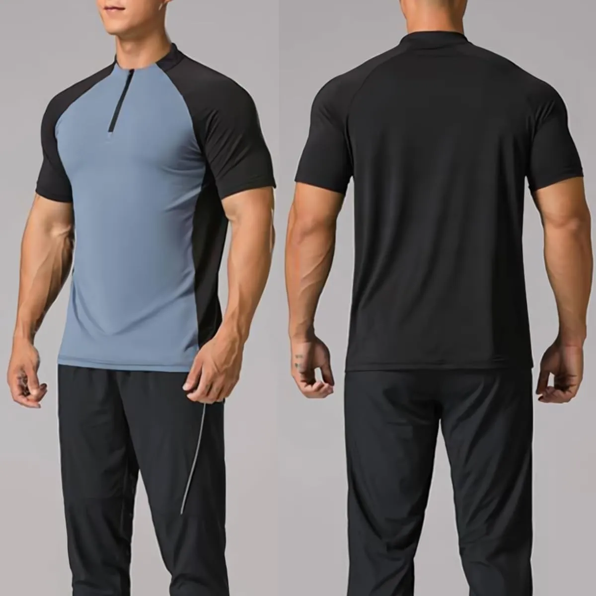 Elastic Workout Gym Muscle Shorts Sleeve Shirts Quick Dry Zipper Cycling T-Shirts for Men T71