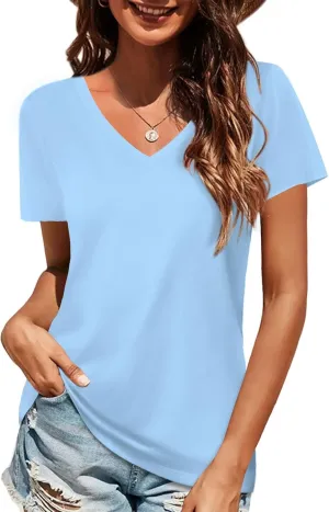 Elesomo Women Shirts V Neck Short/Long Sleeve Cotton Tops T-Shirt Basic Tees