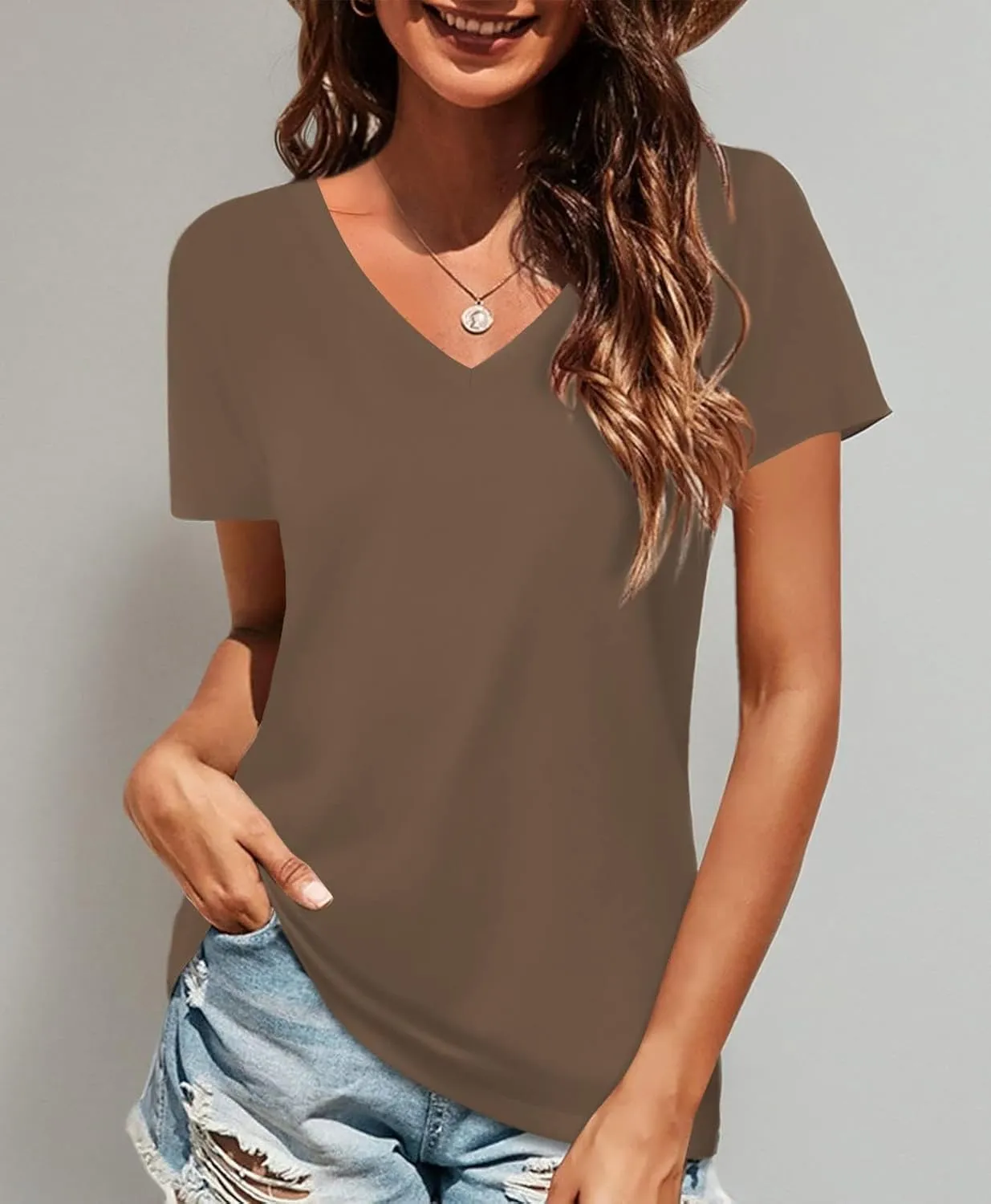 Elesomo Women Shirts V Neck Short/Long Sleeve Cotton Tops T-Shirt Basic Tees