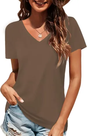 Elesomo Women Shirts V Neck Short/Long Sleeve Cotton Tops T-Shirt Basic Tees