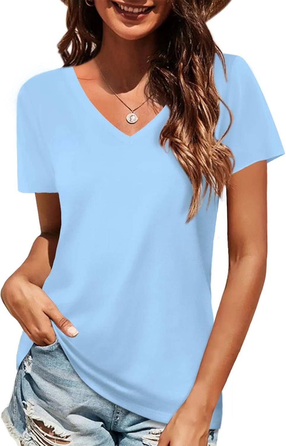 Elesomo Women Shirts V Neck Short/Long Sleeve Cotton Tops T-Shirt Basic Tees