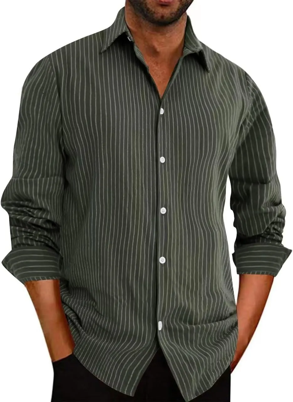 elselect Men's Button-Down Striped Shirts Casual Long Sleeve Cotton Linen Shirts for Men Collared Fashion Business Shirt