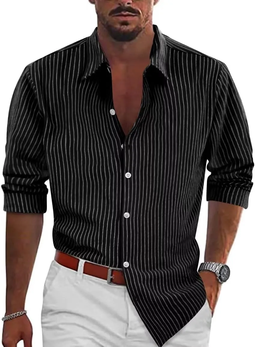 elselect Men's Button-Down Striped Shirts Casual Long Sleeve Cotton Linen Shirts for Men Collared Fashion Business Shirt