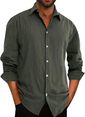 elselect Men's Button-Down Striped Shirts Casual Long Sleeve Cotton Linen Shirts for Men Collared Fashion Business Shirt