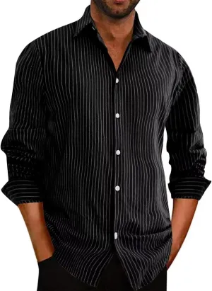 elselect Men's Button-Down Striped Shirts Casual Long Sleeve Cotton Linen Shirts for Men Collared Fashion Business Shirt