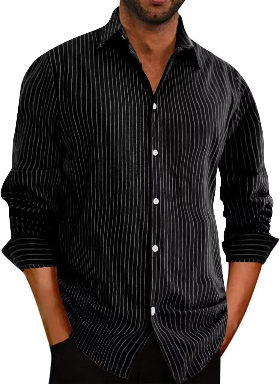 elselect Men's Button-Down Striped Shirts Casual Long Sleeve Cotton Linen Shirts for Men Collared Fashion Business Shirt
