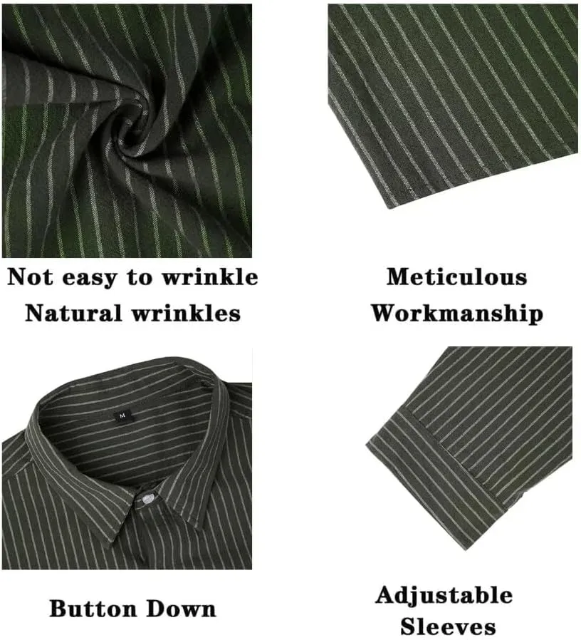 elselect Men's Button-Down Striped Shirts Casual Long Sleeve Cotton Linen Shirts for Men Collared Fashion Business Shirt