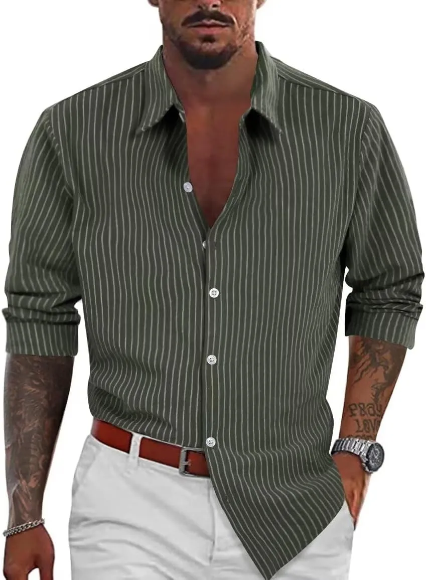 elselect Men's Button-Down Striped Shirts Casual Long Sleeve Cotton Linen Shirts for Men Collared Fashion Business Shirt