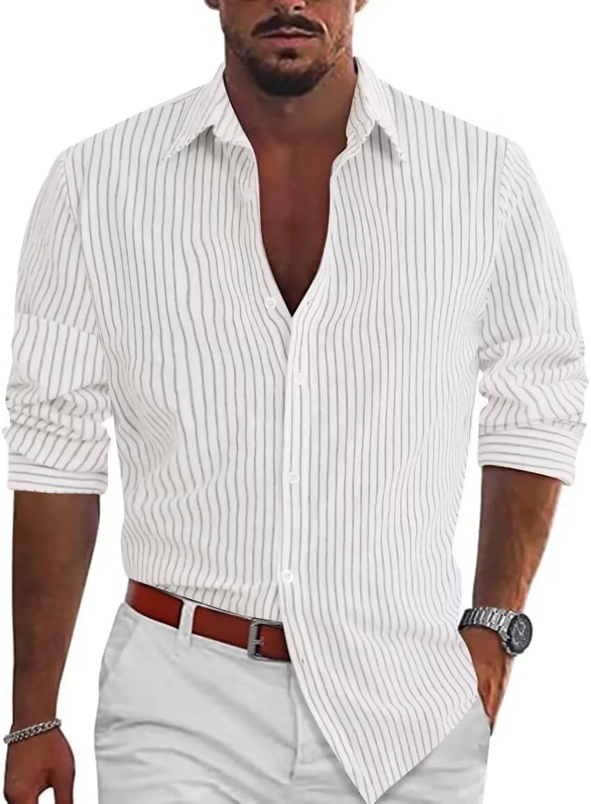 elselect Men's Casual Button-Down Striped Shirts Long Sleeve Collared Cotton Linen Shirts for Men Fashion Business Shirt