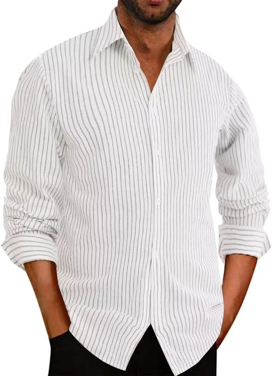 elselect Men's Casual Button-Down Striped Shirts Long Sleeve Collared Cotton Linen Shirts for Men Fashion Business Shirt